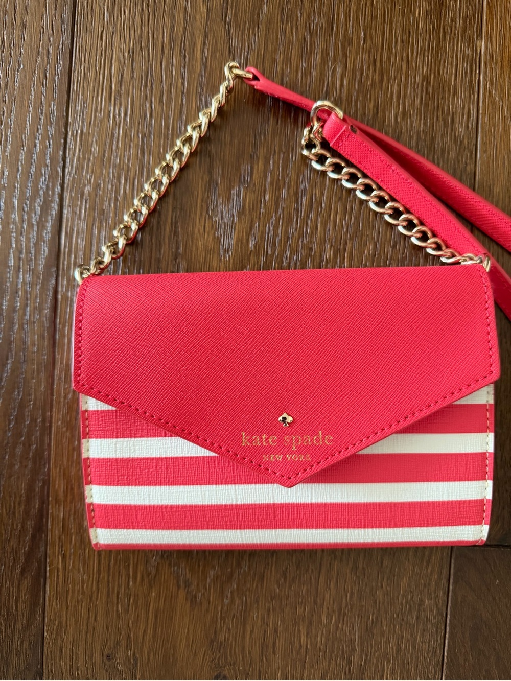 kate spade new york Coral and White Striped Mini Crossbody with Gold Chain